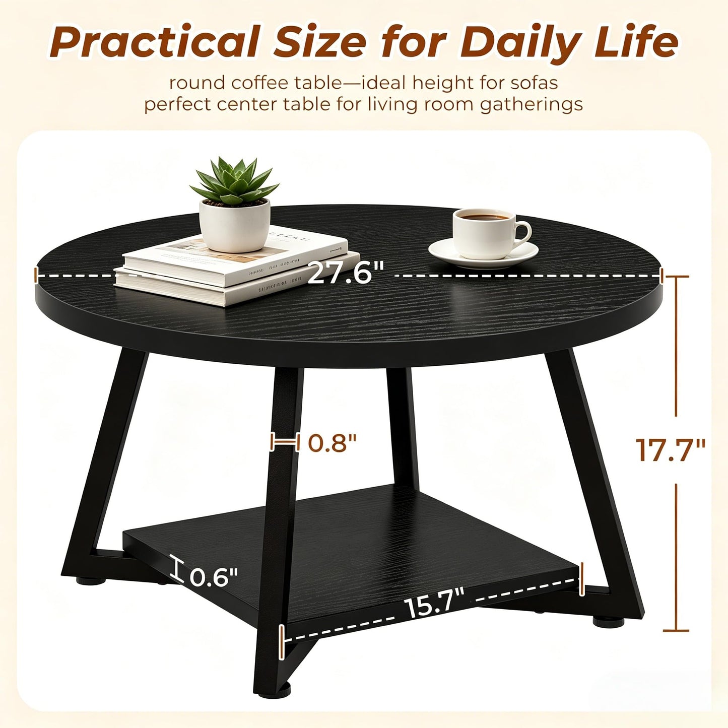 Round Coffee Table for Living Room, 27.6“ Circle Coffee Table, 2-Tier Industrial Coffee Tables with Storage, Wood Coffee Table, Modern Accent Table for Apartment, Office, Small Space, Black