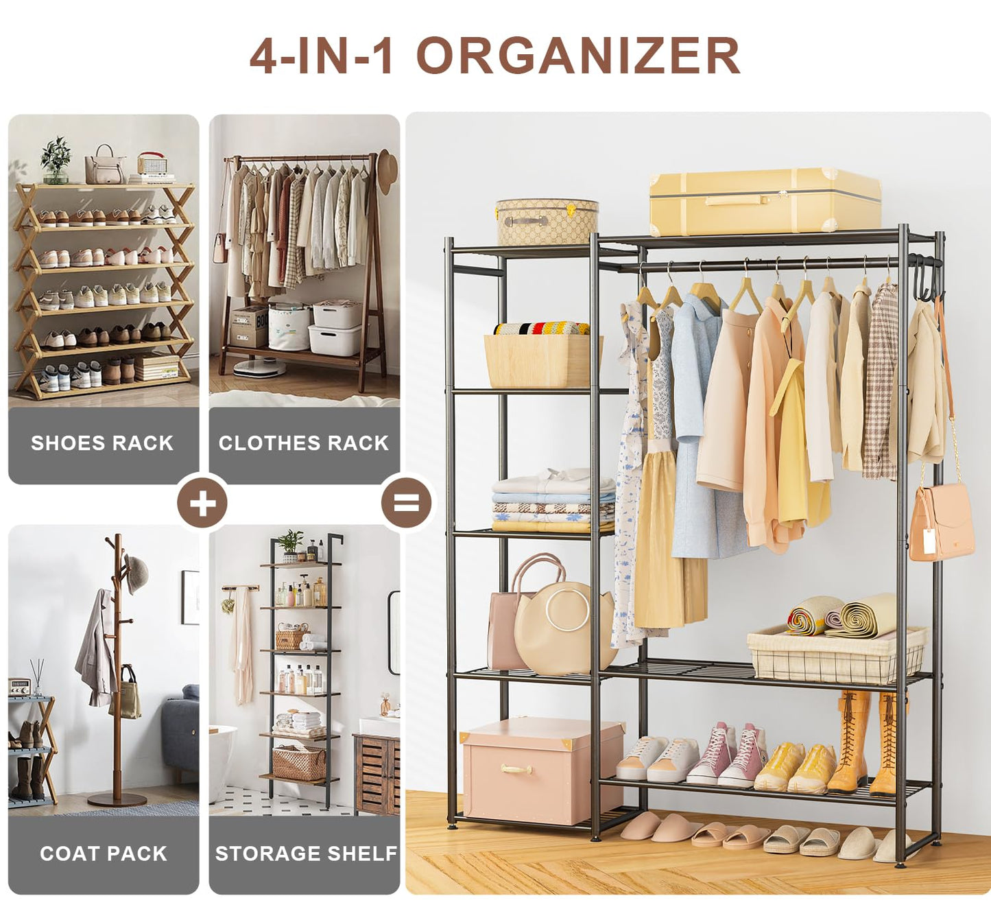 Neprock Wardrobe Closet, Portable Clothing Rack for Hanging Clothes, Free Standing Closet Organizers and Storage System with 4 Tiers Shelves for Cloakroom Bedroom,Black