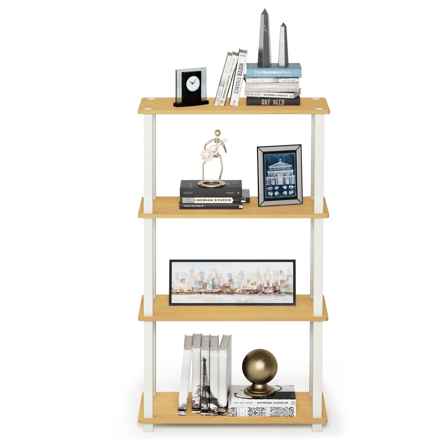 Furinno TURN-S-TUBE Storage Shelves, 4-Tier Book Shelf, Corner Shelf, Toolless Open Shelves, for Organization and Storage, Living Room, Garage, Home Office, Beech