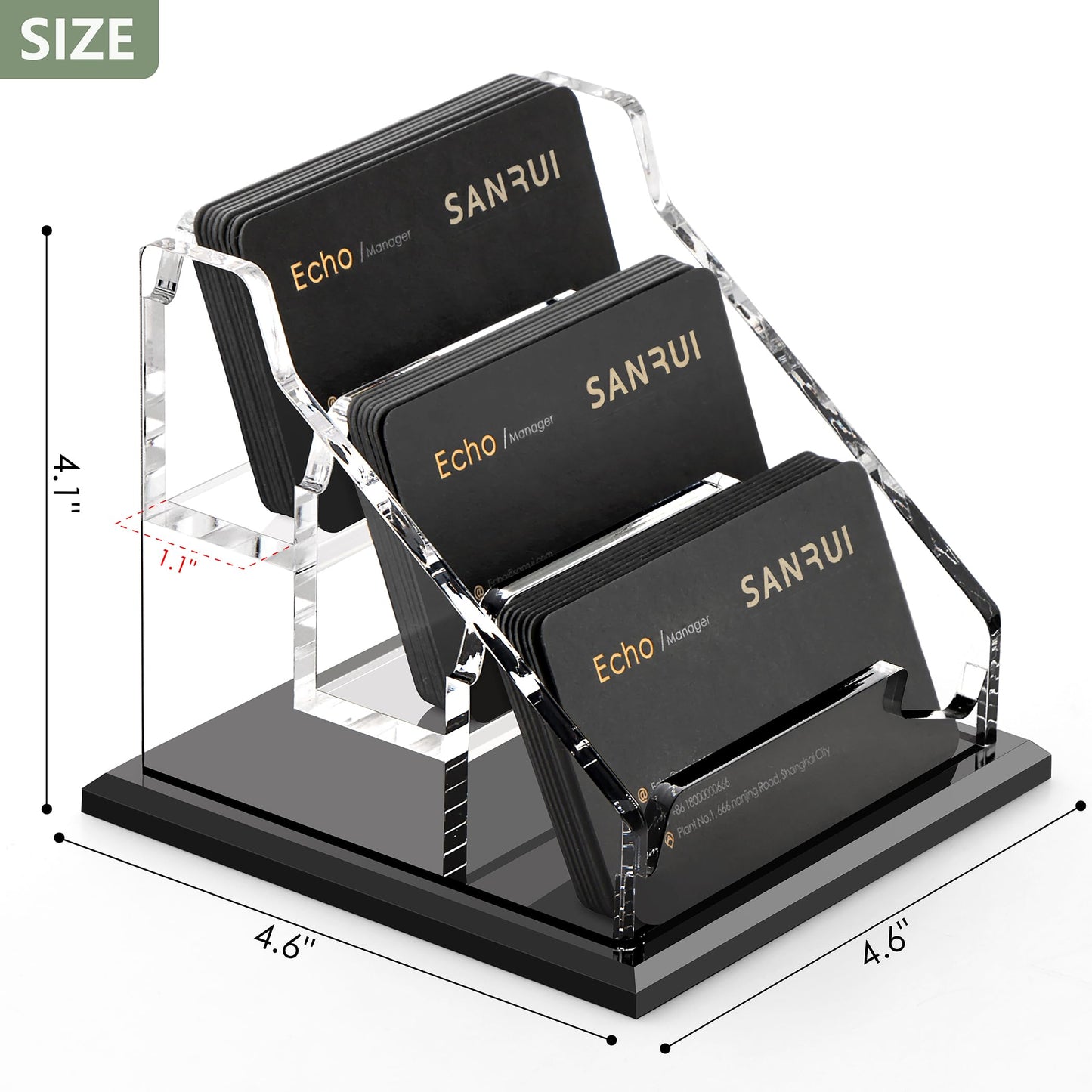 SANRUI Clear Acrylic Business Card Holder, 3-Slot Desktop Business Card Display Stand with Stable Widened Black Base, Desk Accessories Workspace Organizer for Office Reception Trade Show