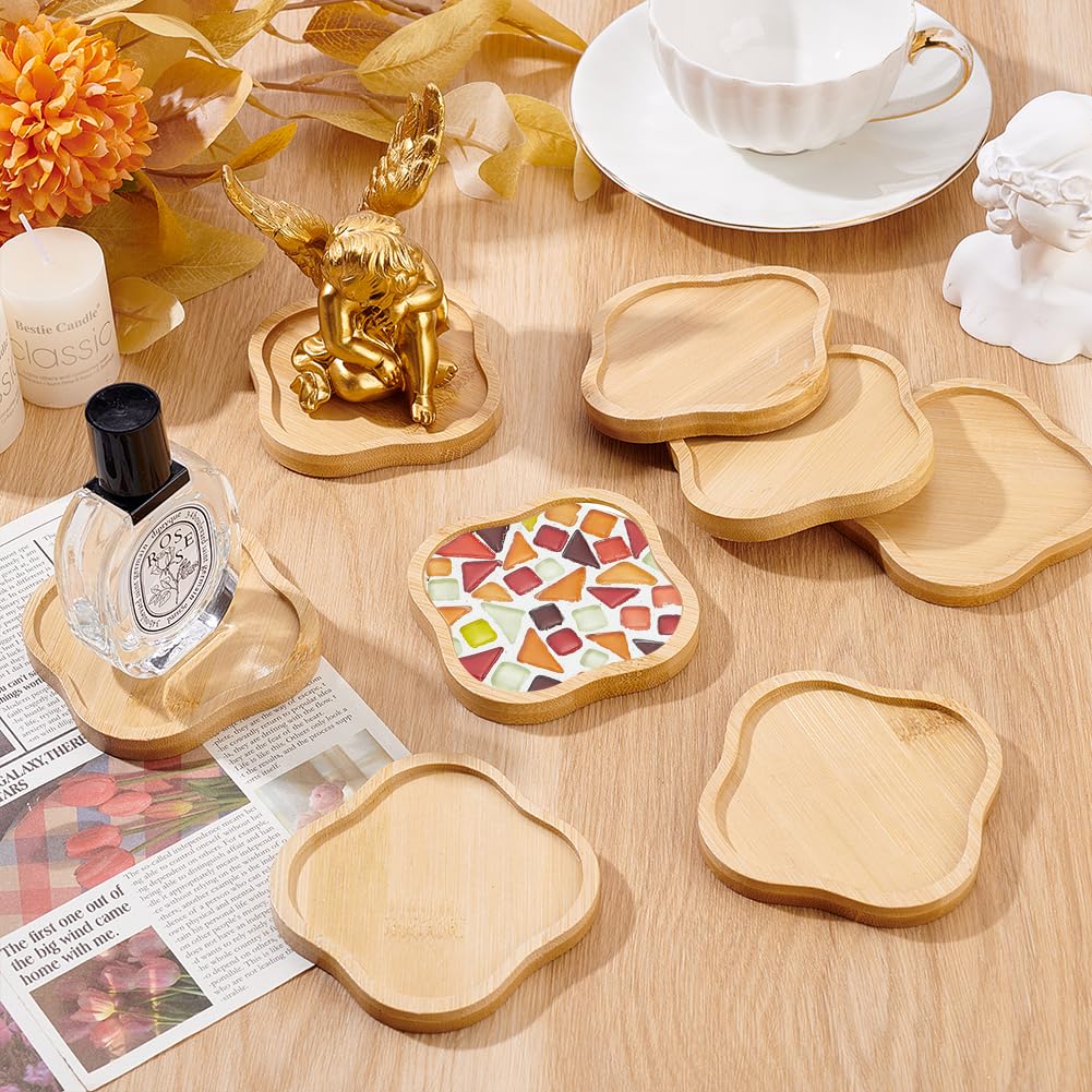 WEBEEDY 12 Pcs DIY Mosaic Bamboo Coasters for Crafts, Clover Shaped Mosaic DIY Coasters Blank Base Trays Drinking Cup Coaster for Tabletop Planters Protection Home Kitchen Party Decor, 3.7 Inch