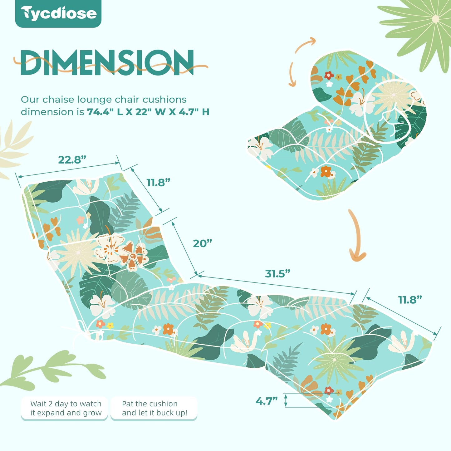 Tycdiose Outdoor Chaise Lounge Chair Cushion Waterproof 74.4 x 22 x 4.7 Inches Thickened Memory Foam Patio Lounge Chair Cushions Replacement for Outdoor Furniture with Ties, Cyan Floral Leaf