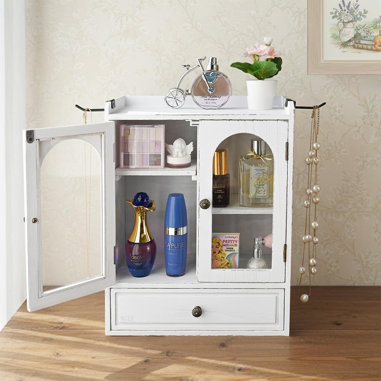 Ikee Design Wooden Countertop Storage Cabinet with Magnetic Door, Adjustable Shelves, Removable Hooks and Drawer for Perfume, Makeup, Pantry, Antique White, 12.2 W x 6 D x 15.7 H in