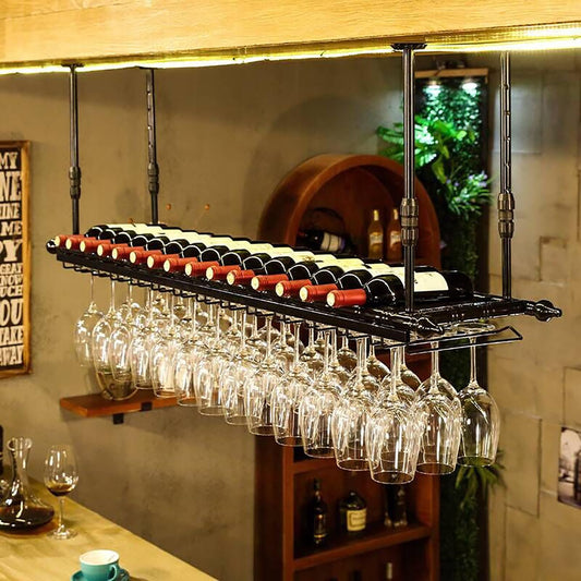 BELELUCKY Ceiling Wine Glass Rack,Hanging Wine Rack With Glass Holder And Shelf,Height Adjustable Metal Ceiling Bar Wine Glass Rack,liquor Bottle Display Shelf For Bars Cafe Kitchen (Color :