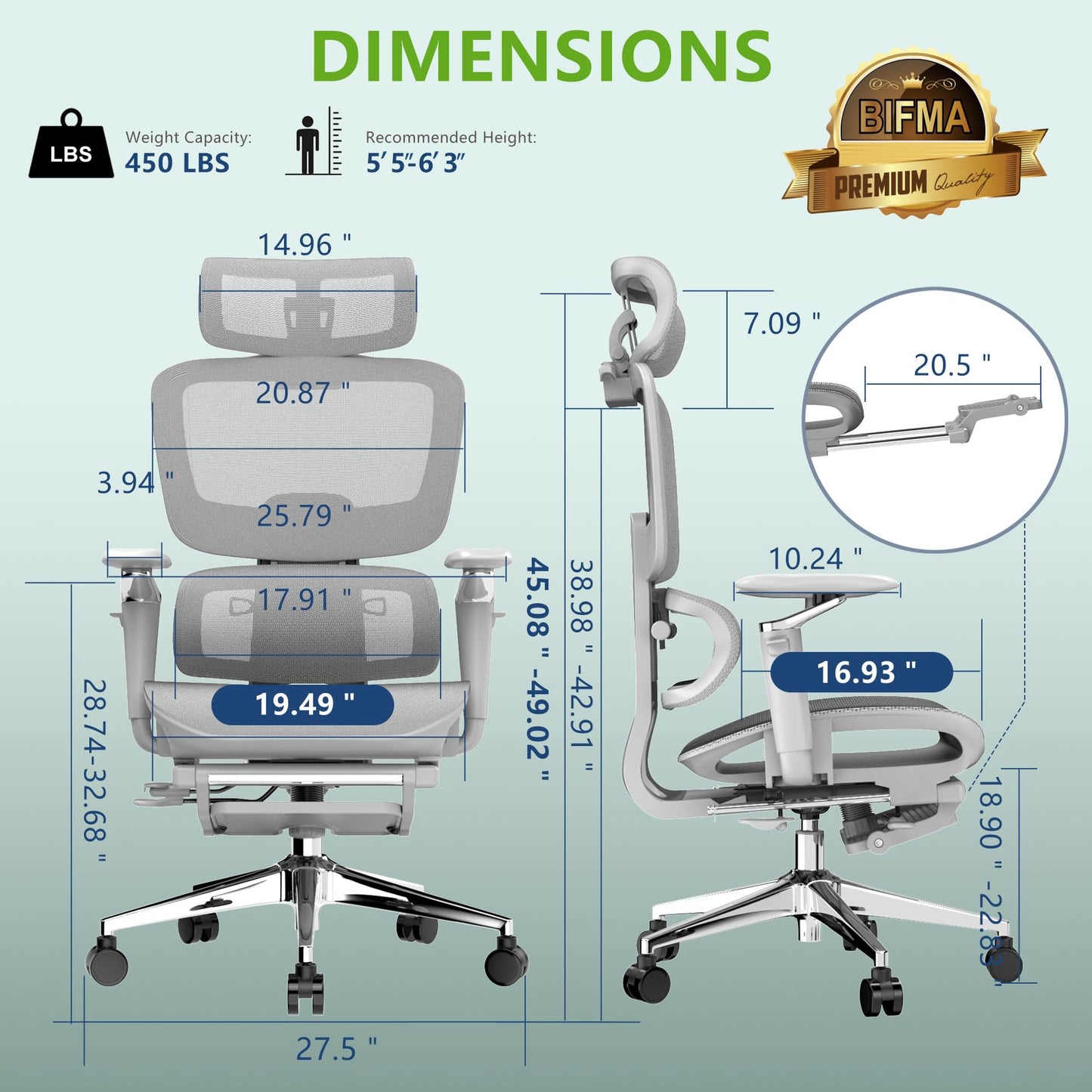 Forzolit Ergonomic Office Chair with Footrest,High Back Mesh Desk Chair,Lumbar Support & 90-135°Recline,3D Headrest & 6D Armrests,Swivel Computer Chair for Home Office, Work & Gaming 1Pack