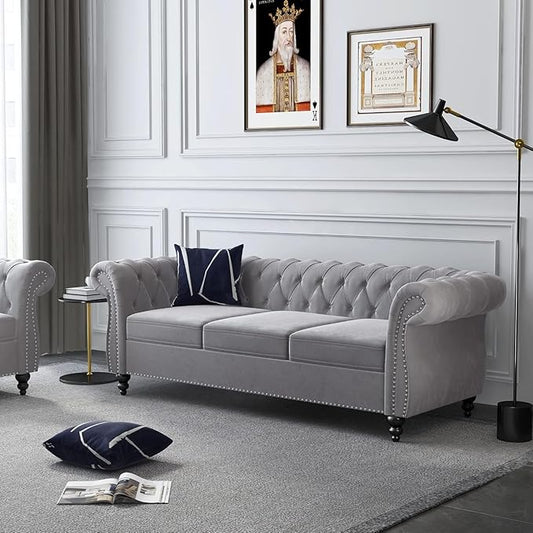 Mid-Century 3 Seater Sofa, Velvet Couch