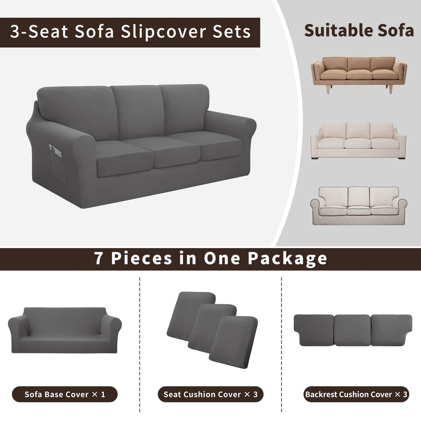 Easy-Going 7 Pieces Stretch Couch Cover Washable Sofa Cover Set for 3 Backrest and Seat Cushion Couch Anti-Slip Sofa Slipcover Furniture Protector with Elastic Bottom (Large, Light Grey)
