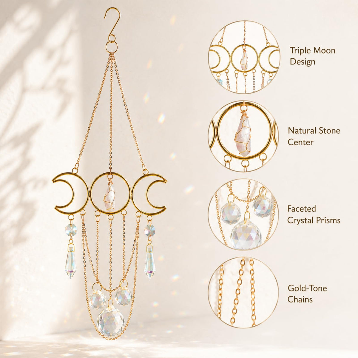 Bohemian Moon Crystal Suncatcher, Hanging Crystal Decoration for Window
