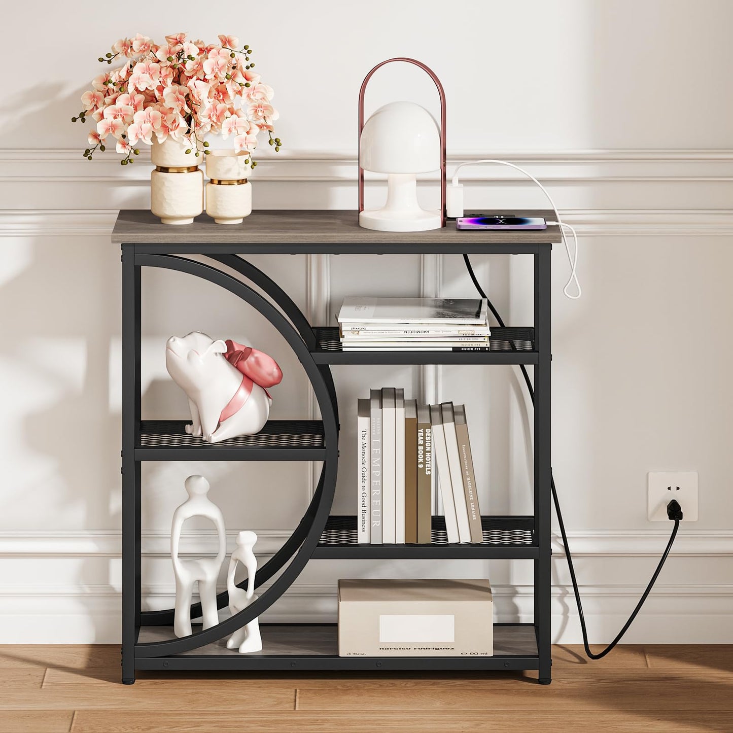 Snughome Entryway Table, Console Table with Charging Station, Industrial Narrow Sofa Table with 5 Tier Storage Shelves, Entrance Table for Hallway, Living Room, Foyer, Grey