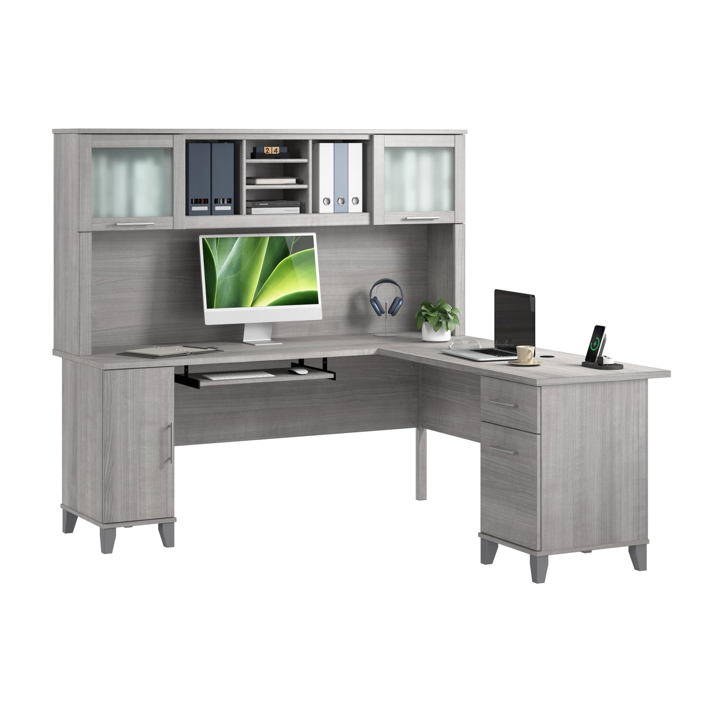 Bush Furniture Somerset L Shaped Desk with Hutch in Platinum Gray | Corner Computer Table with Drawers, Cabinets and Pullout Keyboard/Laptop Tray for Home Office