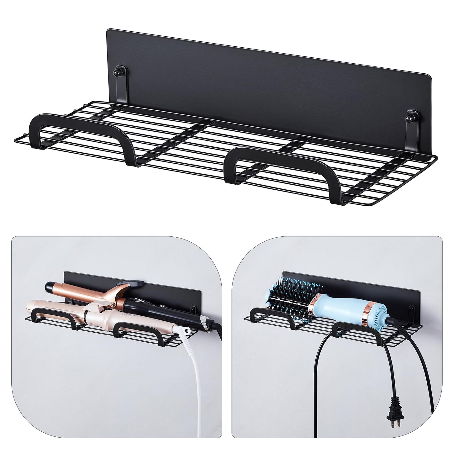 WAYASI Straighteners Holder Wall Mounted Metal Hair Dryer Holder for Curling Wands Accessories Adhesive Curling Iron Holder Hair Tool Organizer for Vanity Bathroom Barber Shops (Black)