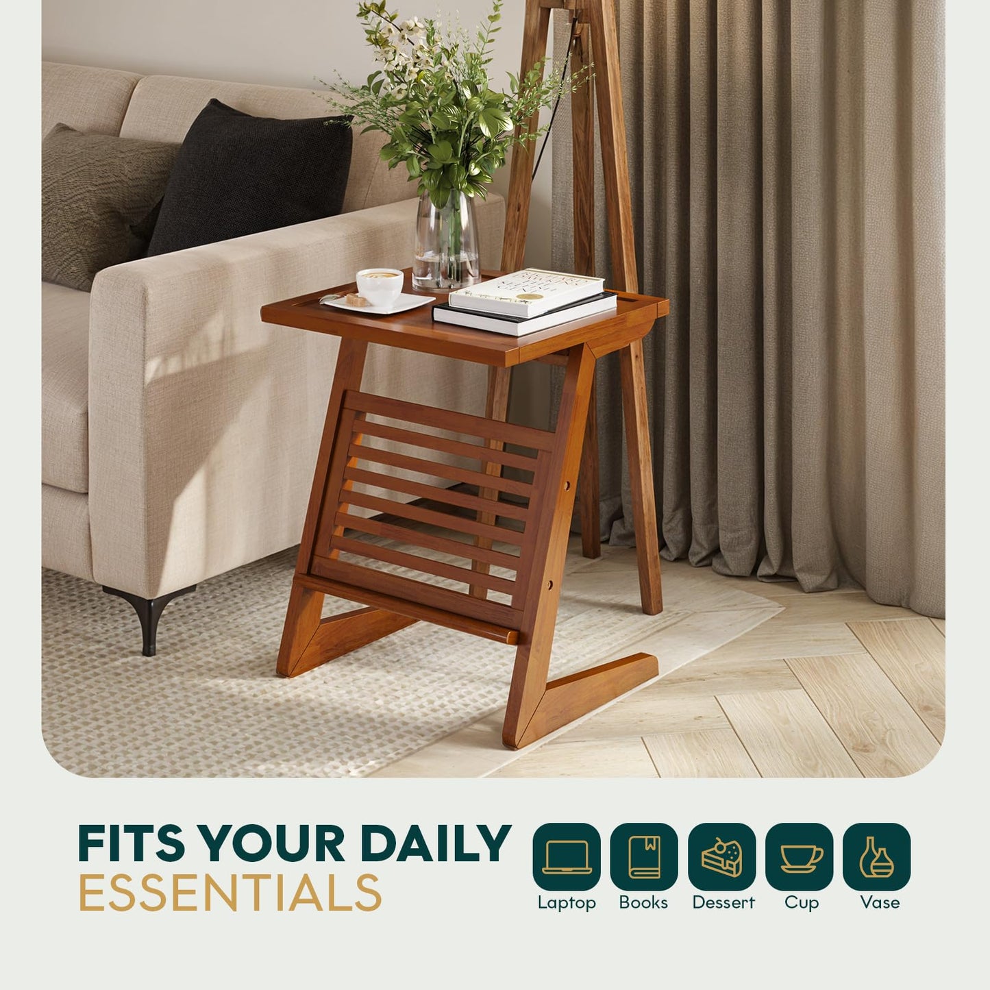 Bme Neil Nightstand Mid Century Modern Side Table, Rubberwood Nightstand with Z Shaped Frame and L Storage Bars Stylish, End Table for Bedroom, Living Room or Office - Milk Chocolate