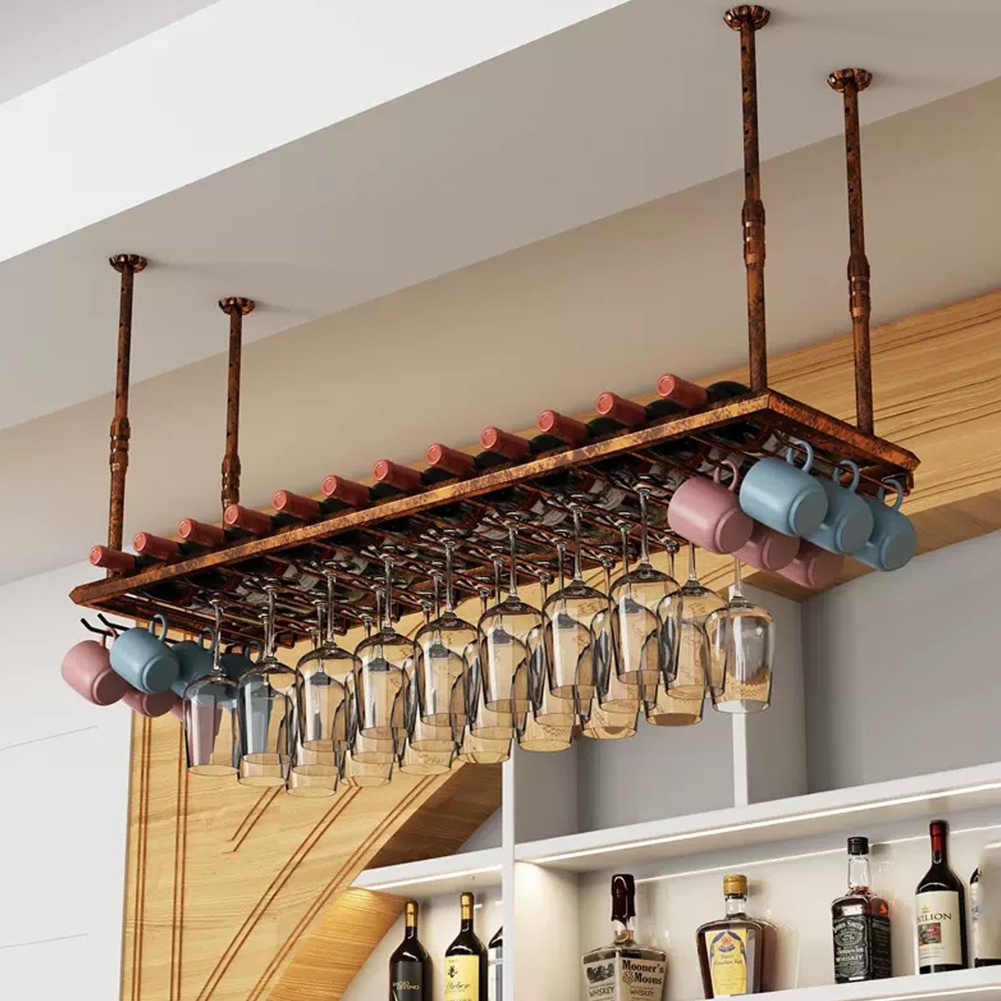 Modern Metal Hanging Wine Bottle Glass Holder, Ceiling Shelf Wine Racks for Home Bar Display, Cafe Wine Bottles Racks, Floating Storage Shelves Wine Cups Hanging Rack, wall Mounted Wine Rack