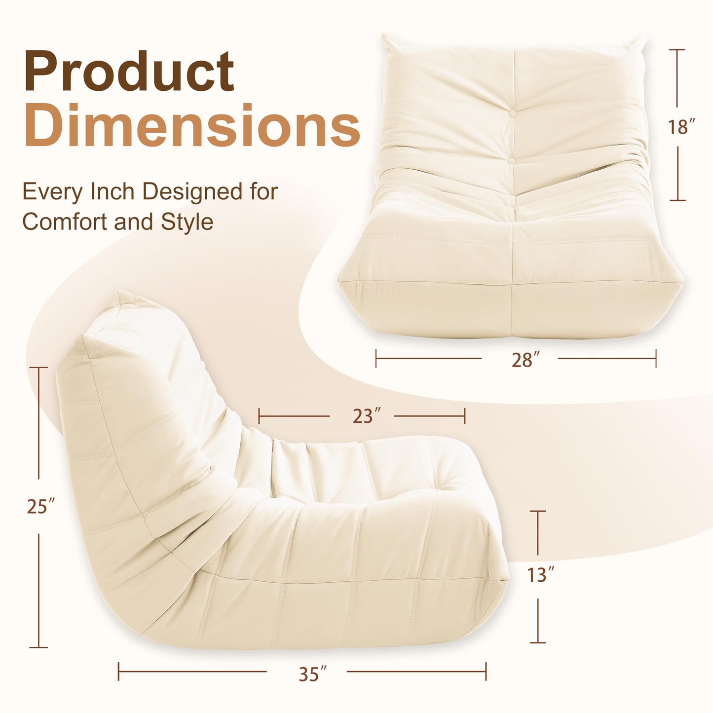 Gazecaia Comfy Bean Bag Chair for Adults Teens | Fireside Floor Lounge Chair, Soft Suede High-Resilience Memory Foam Bean Bag Couch with Non-Slip Base, for Living Room Bedroom Apartment Office, White