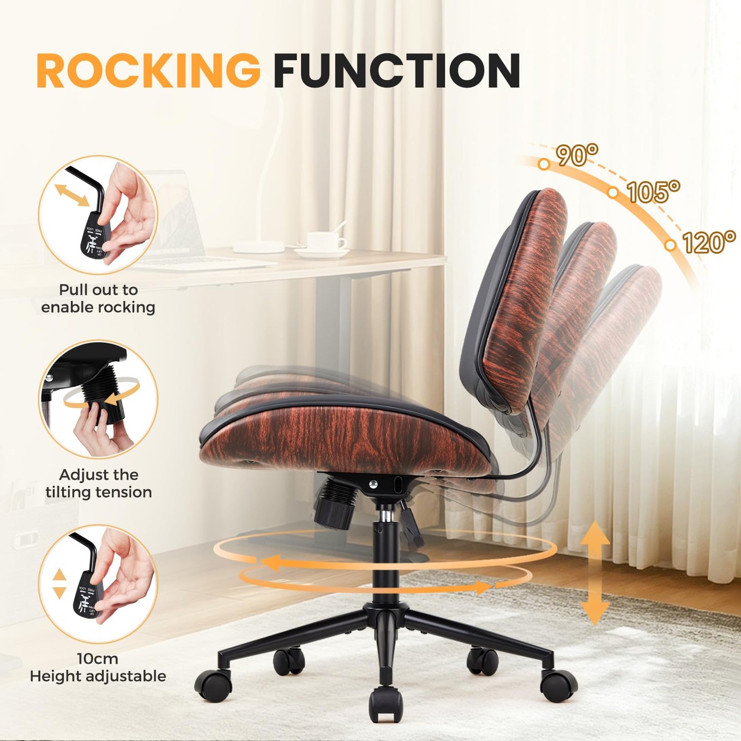 IWMH Home Office Chair Swivel Desk Chair with Wheel Small Computer Chair Armless Task Chair Modern Walnut PU Leather Backrest Rocking Function Adjustable Height, Study Reading Meeting Room (Black)