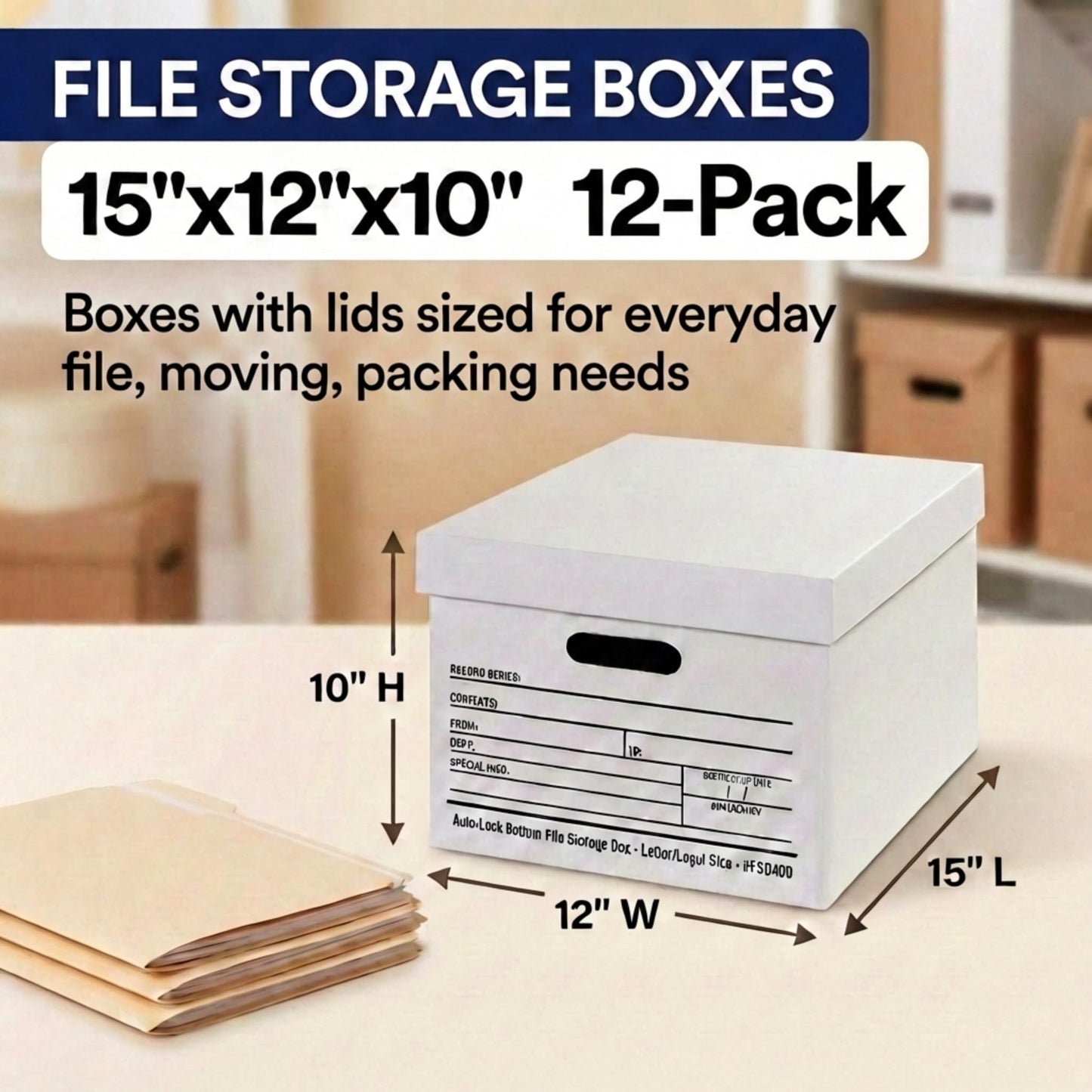 BOX USA Boxes with Lids and Handles (12-Pack) - File Storage Boxes for Office Supplies, Book Storage, Moving, and Packaging