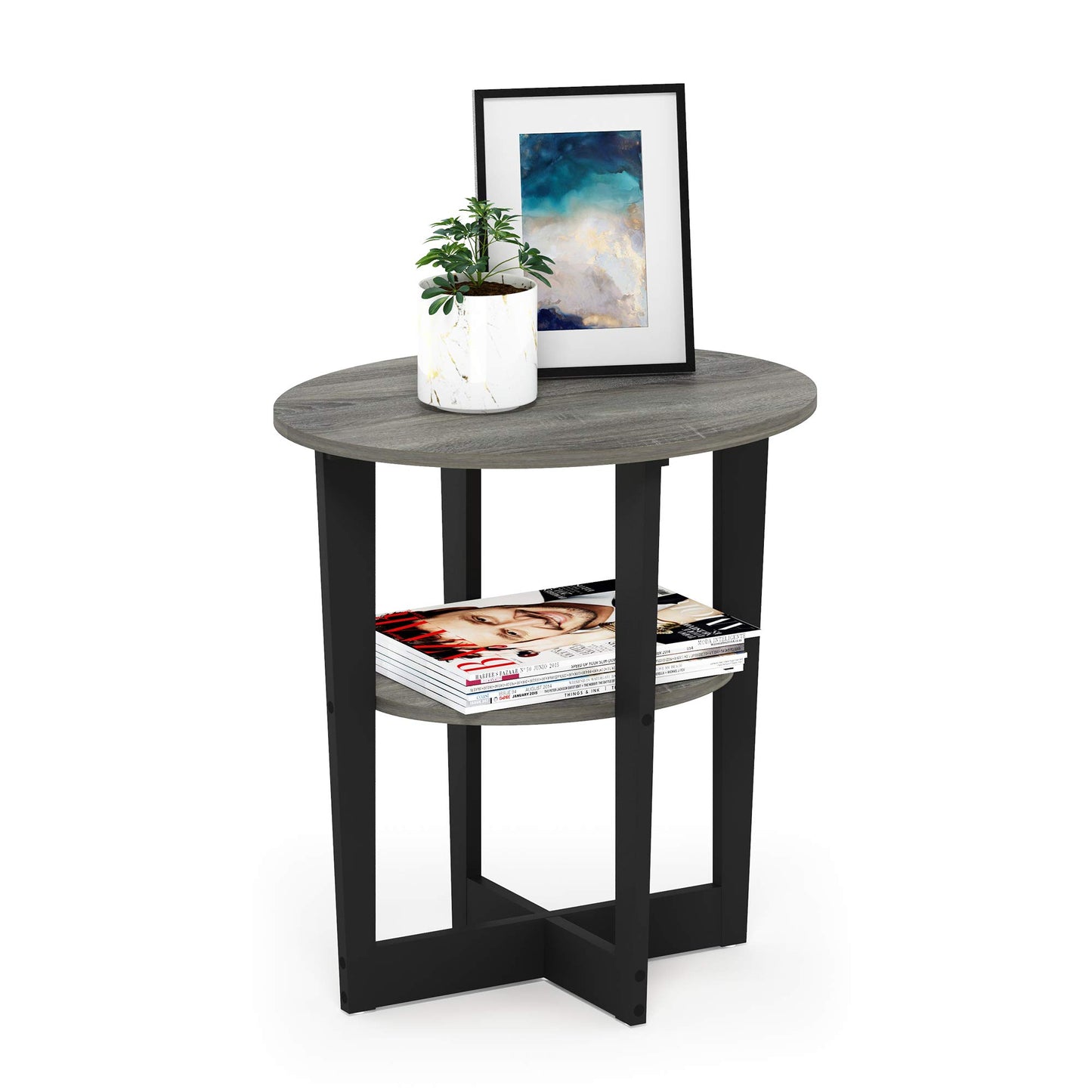 Furinno JAYA Side Table, 2-Tier Round Modern End Table with Oval Tabletop, Night Stand, Bedside Table with Open Shelf, for Living Room, Bedroom, French Oak