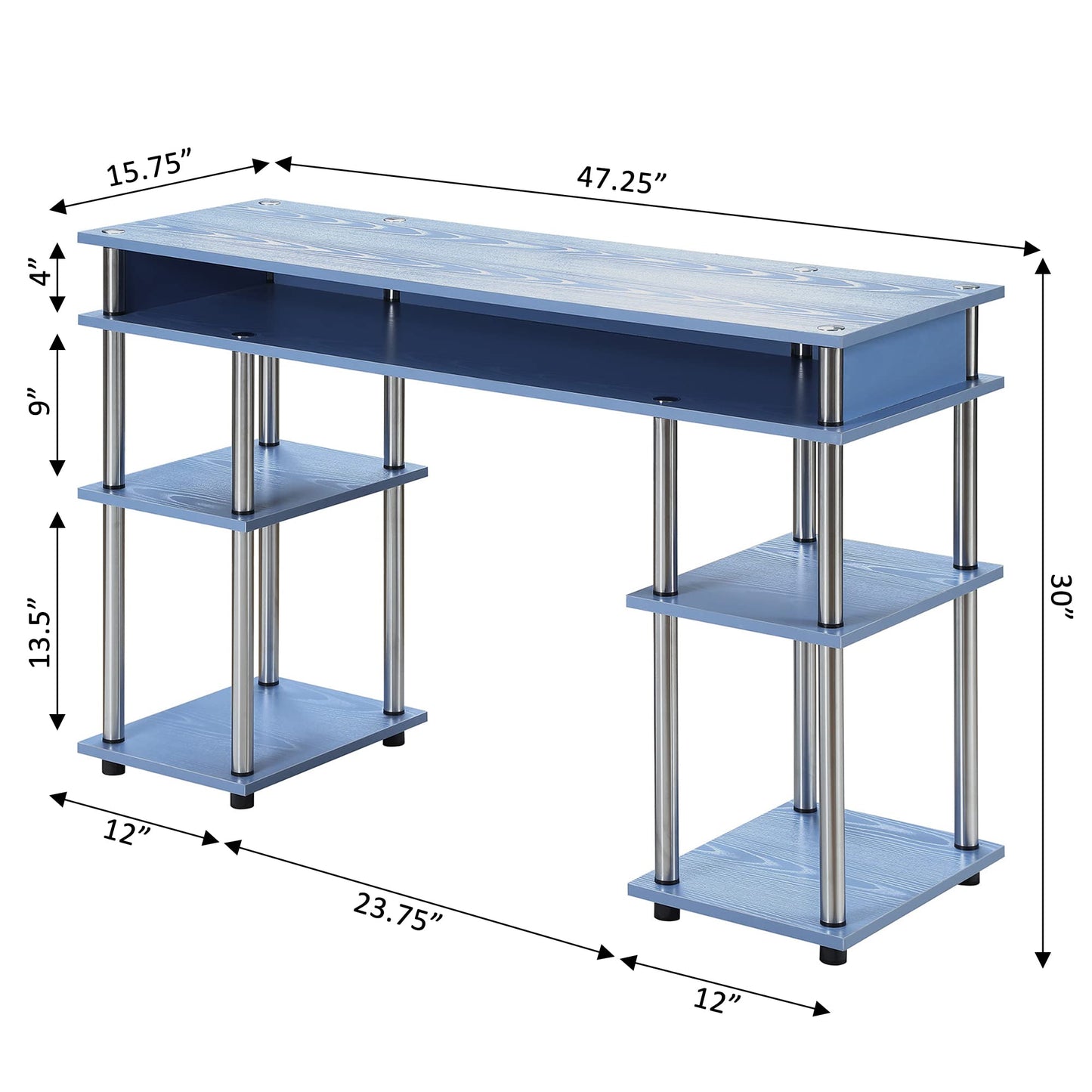 Convenience Concepts Designs2Go No Tools Desk Home Office Desk with Shelves, Corner Shelf Vanity Desk Computer Desk Nail Table for Nail Tech - 47.25" L x 15.75" W x 30" H, Blue