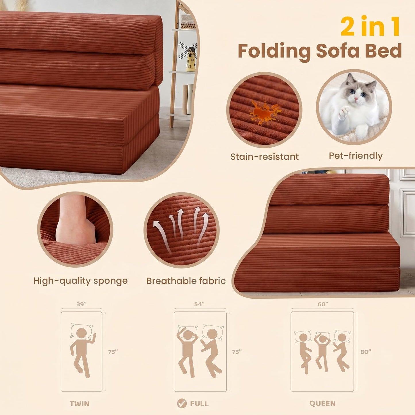 JUIKURY Folding Sofa Bed, Convertible Sleeper Chair with Pilow Foldable Matress, 2 in 1 Pull Out Loveseat Sofa Portable Fold Out Chair Bed Floor Couch Lounge for Living Room (Sand Red, Full)