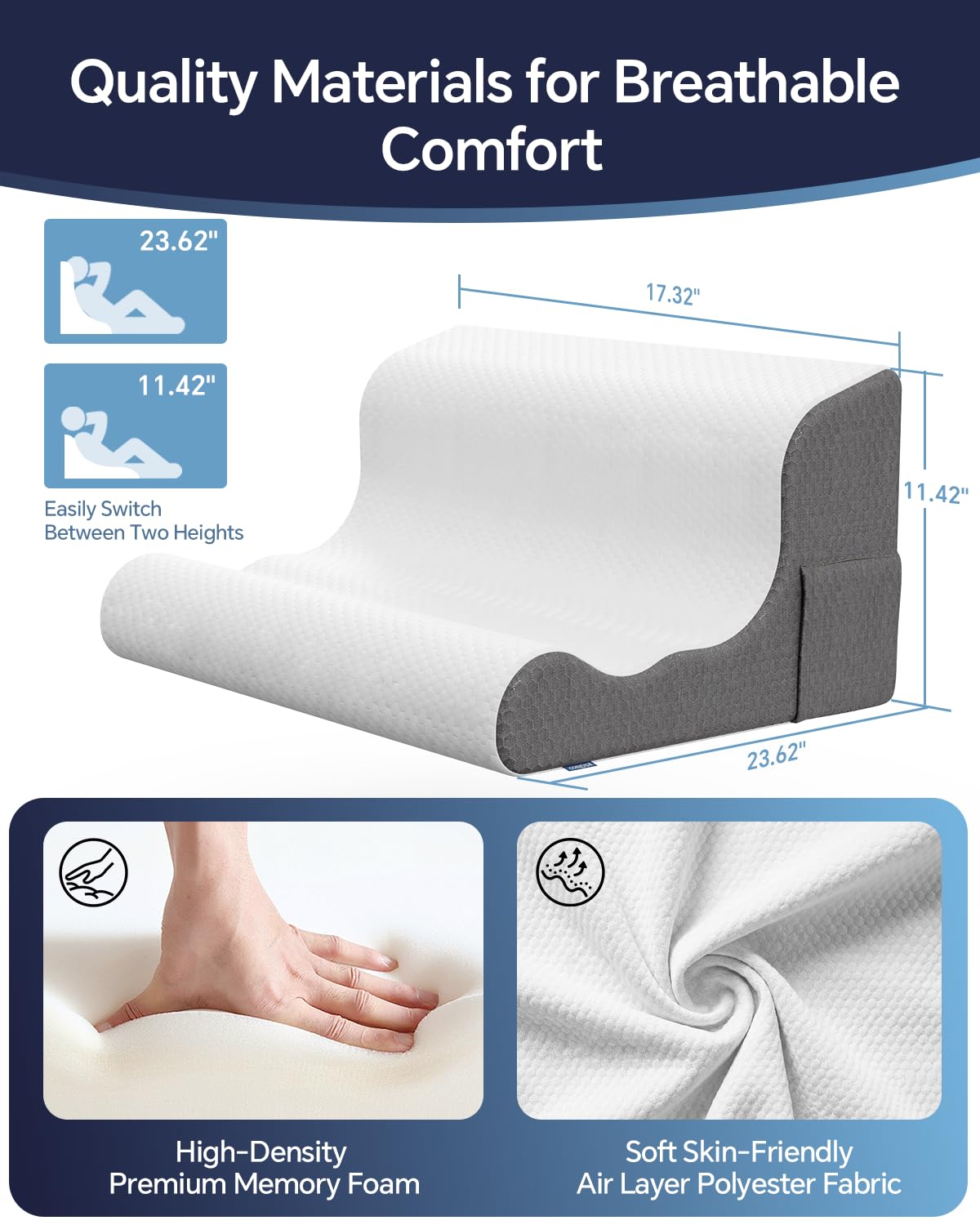 COMFYPIL Bed Wedge Pillow for Headboard, Orthopedic Memory Foam Wedge Pillow with for After Surgery, Acid Reflux Relief, Sleeping, Neck & Back Pain Relief, Wedge Pillows for Bed Sitting Up, White&Grey