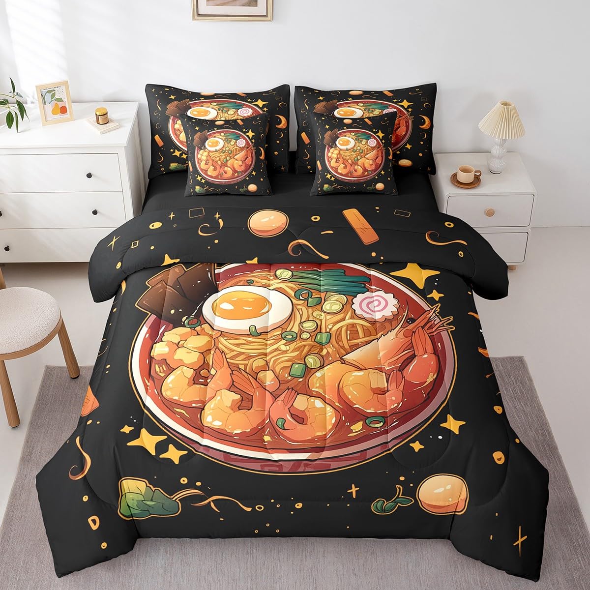 Erosebridal 7 Piece Ramen Noodle Queen Comforter Set,Japanese Anime Bedding Set Ramen Gifts for Kids Girls Boys,Funny Food Themed Bed Set with Fitted+Flat Sheet,Pillowcases,Throw Pillow Covers