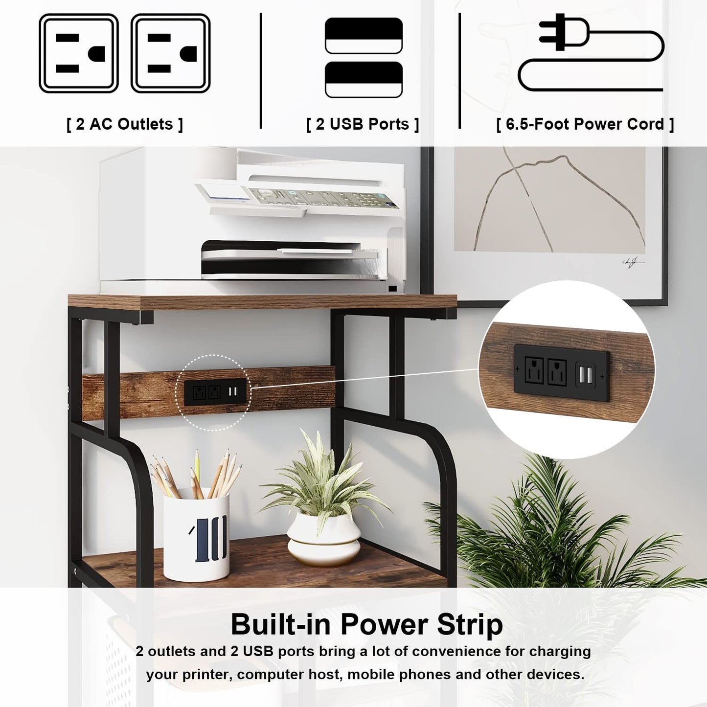 VEDECASA Large Printer Stand Cart with Charging Station USB Port 21.2"x15.7"x42.3" Rolling Tall 3-Tier Printer Stand with Adjustable Shelf Storage Home Office