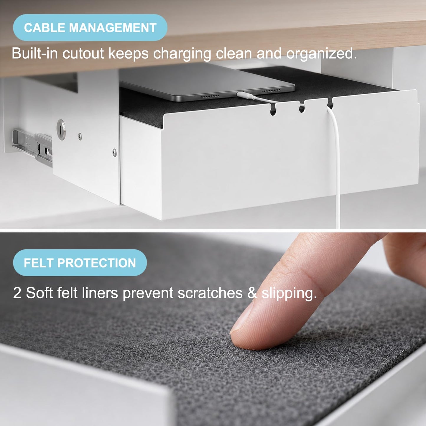 ERGO COLLECT Under Desk Slide Out, Lockable Steel Storage Drawer with Lock and Keys, Full-Extension Slides, Undermount Drawer for Home Office & Standing Desk, 13.8 Inch, White