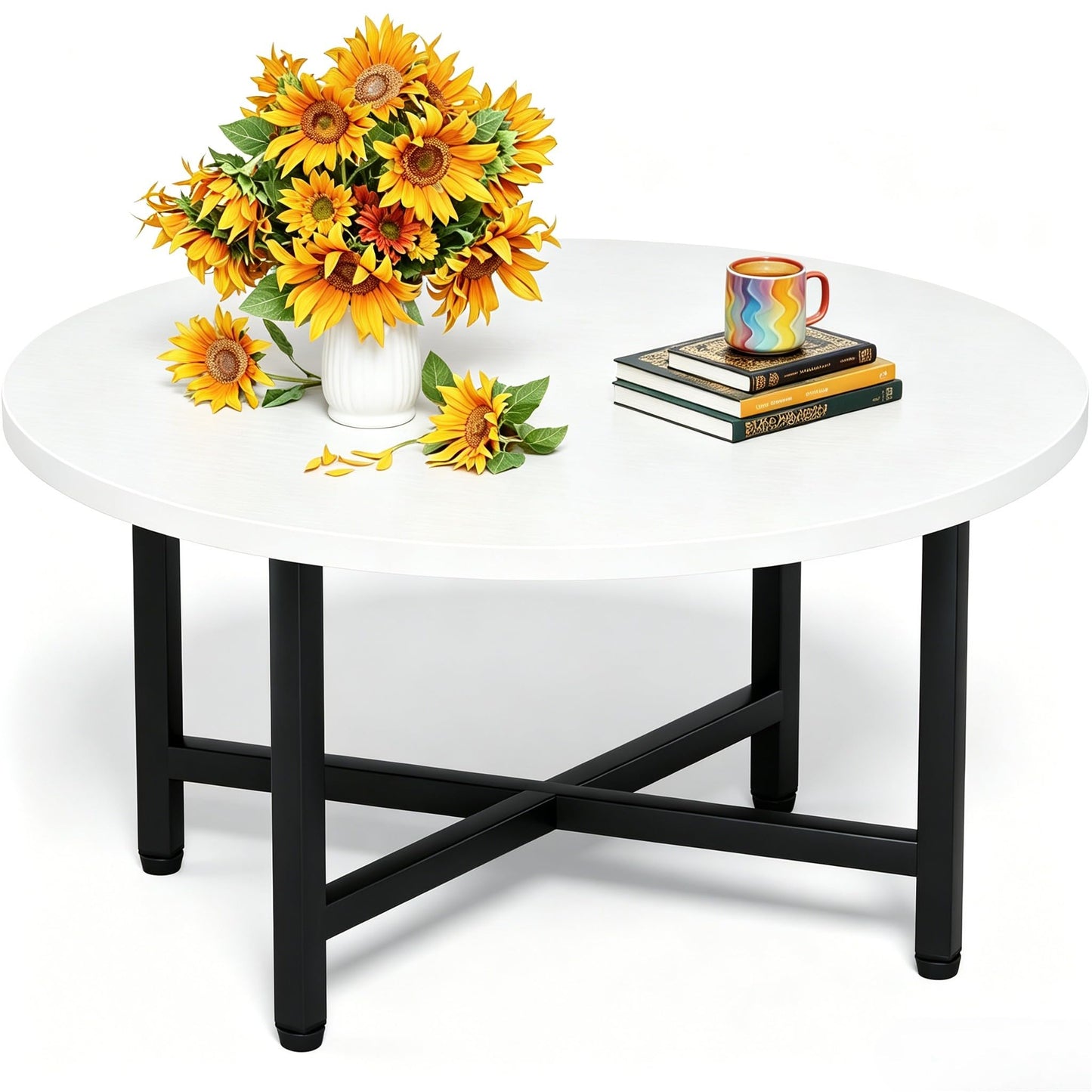 FURMORENE Coffee Table, 23.6" Small Coffee Tables, Gray Round Coffee Tables for Living Room, Floor Table for Sitting on The Floor, Center Coffee Table with Metal Frame for Office Apartment Home, White