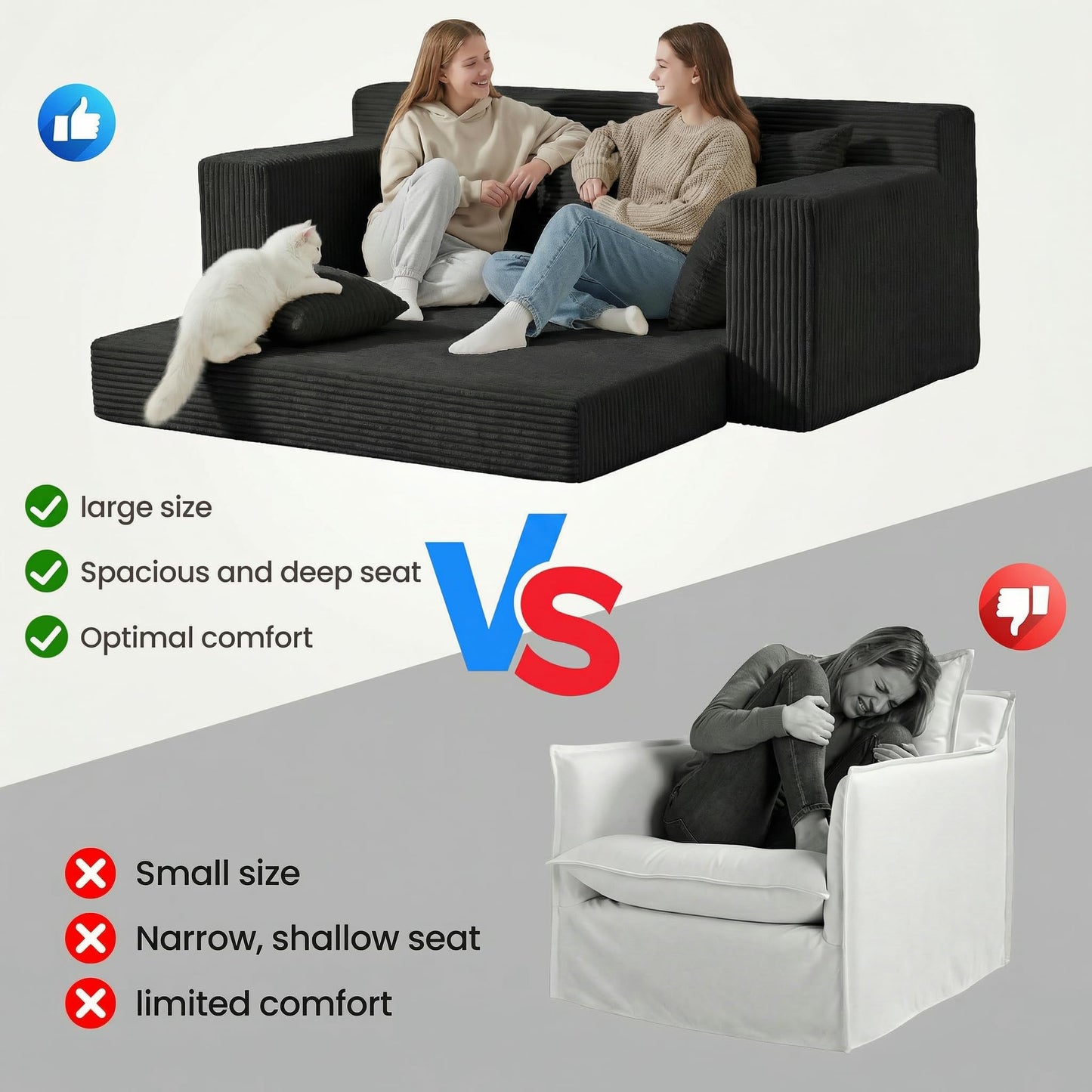 AOLVDOW Convertible Sofa Bed, 5 in 1 Small Boneless Couch Pull Out Loveseat Sleeper Sofa,Corduroy Futon Couch Folding Mattress with 4 Pillows for Living Room