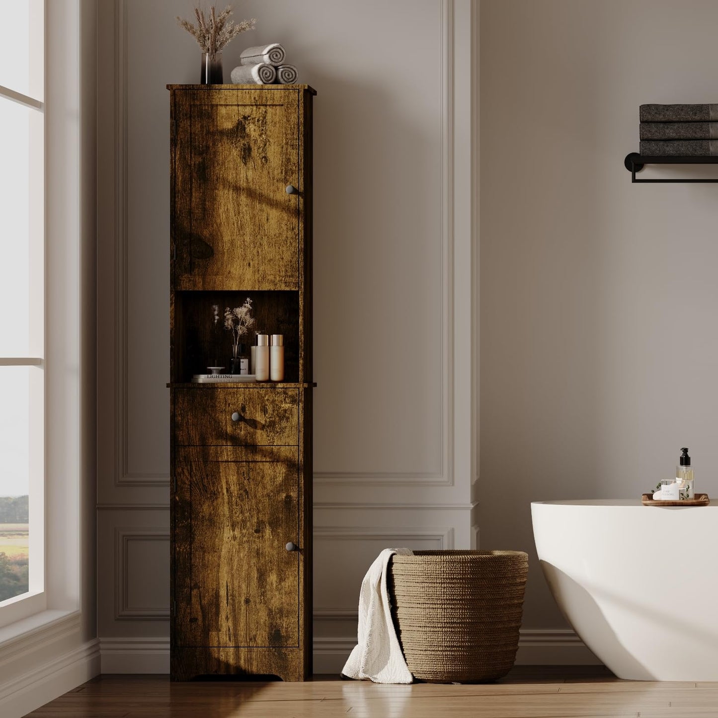 Viaozutis Tall Bathroom Cabinet, Storage Cabinet with 2 Doors & 2Drawer, with Ajustable Shelve, for Bathrooms, Kitchens,Entrances（Retro Color）