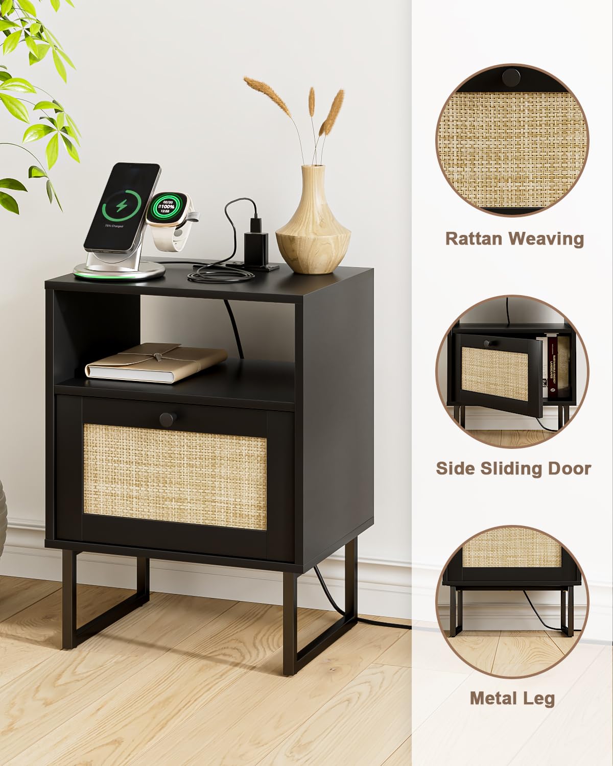 Apetaccat Rattan Nightstand with Charging Station, Boho Night Stand Farmhouse Wood Bedside Table with Storage and Open Shelf, End Side Accent Table for Bedroom,Living Room,Black