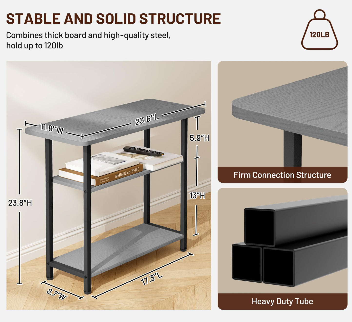 SLEEPING LAMB Side Table for Living Room, 3-Tier End Table for Small Space with Wide Storage Tabletop, Narrow Nightstand for Bedroom, Sofa Couch, Grey