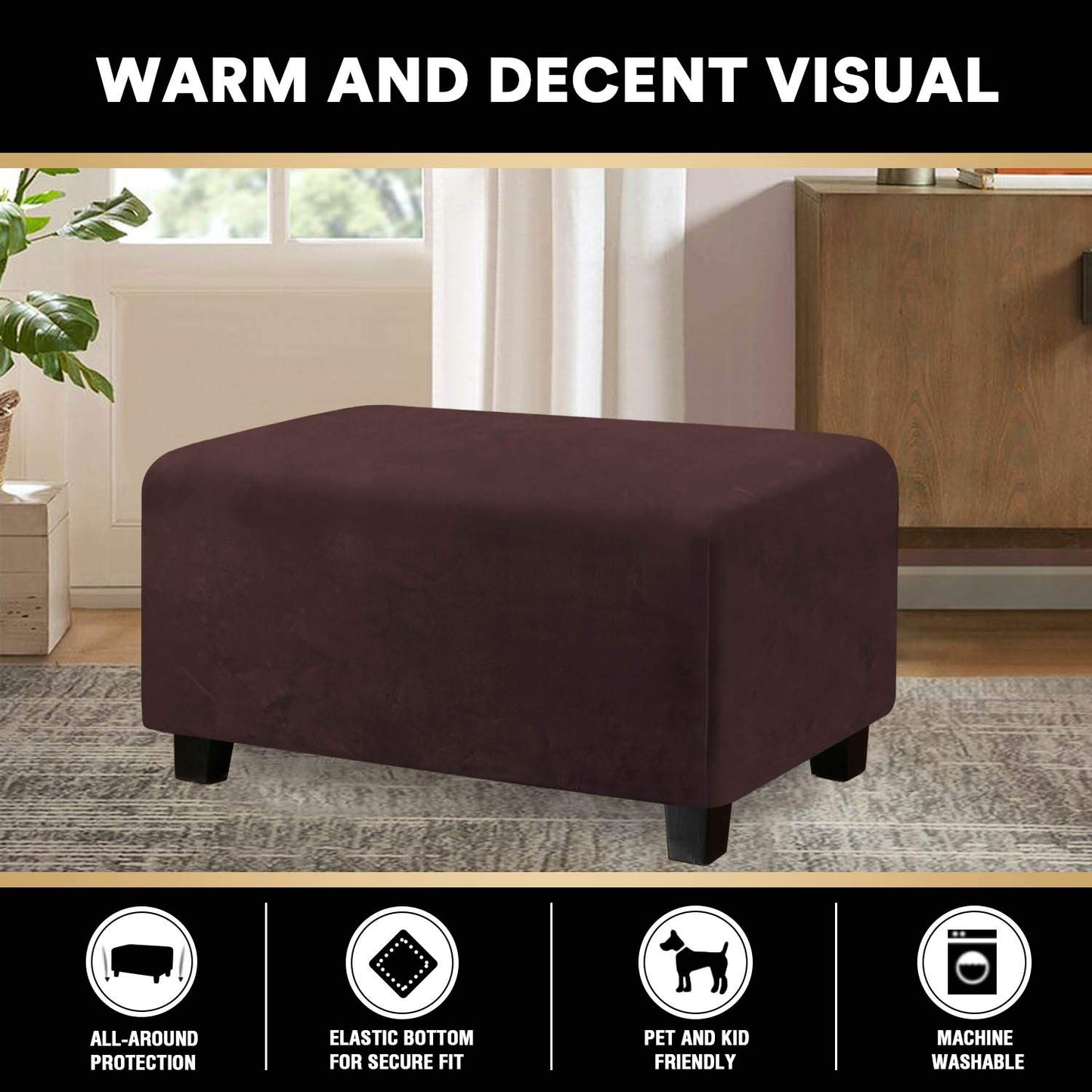 PrinceDeco Real Velvet Plush Ottoman Cover Soft Rectangle Folding Storage Covers Furniture Protector Removable Footstool Protect Footrest Covers Elastic Bottom(X-Large, Brown)