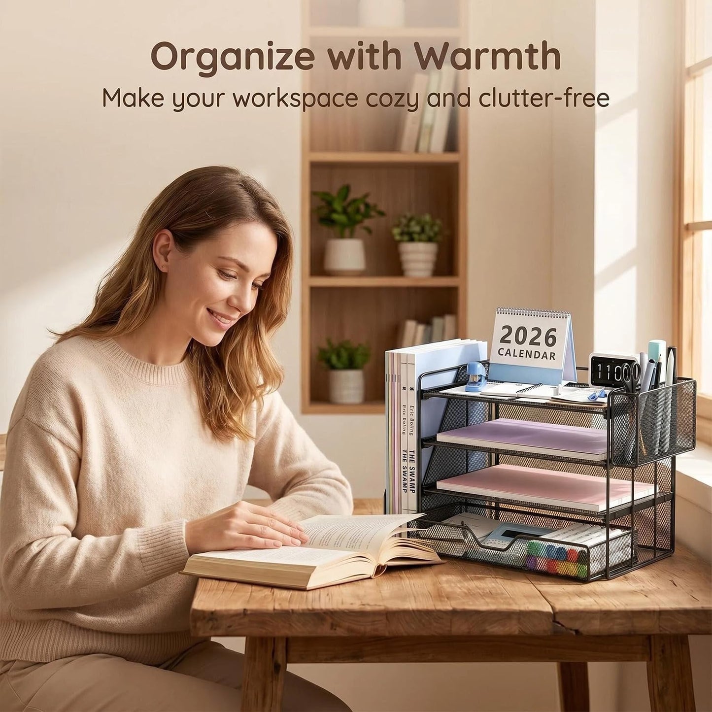 OPNICE Desk Organizers and Accessories, 4-Tier Workspace Desktop File Organizer with Drawer & Pen Holder, Paper Tray Organizer with File Holder, Office Desk Accessories for Home Office Supplies, Black