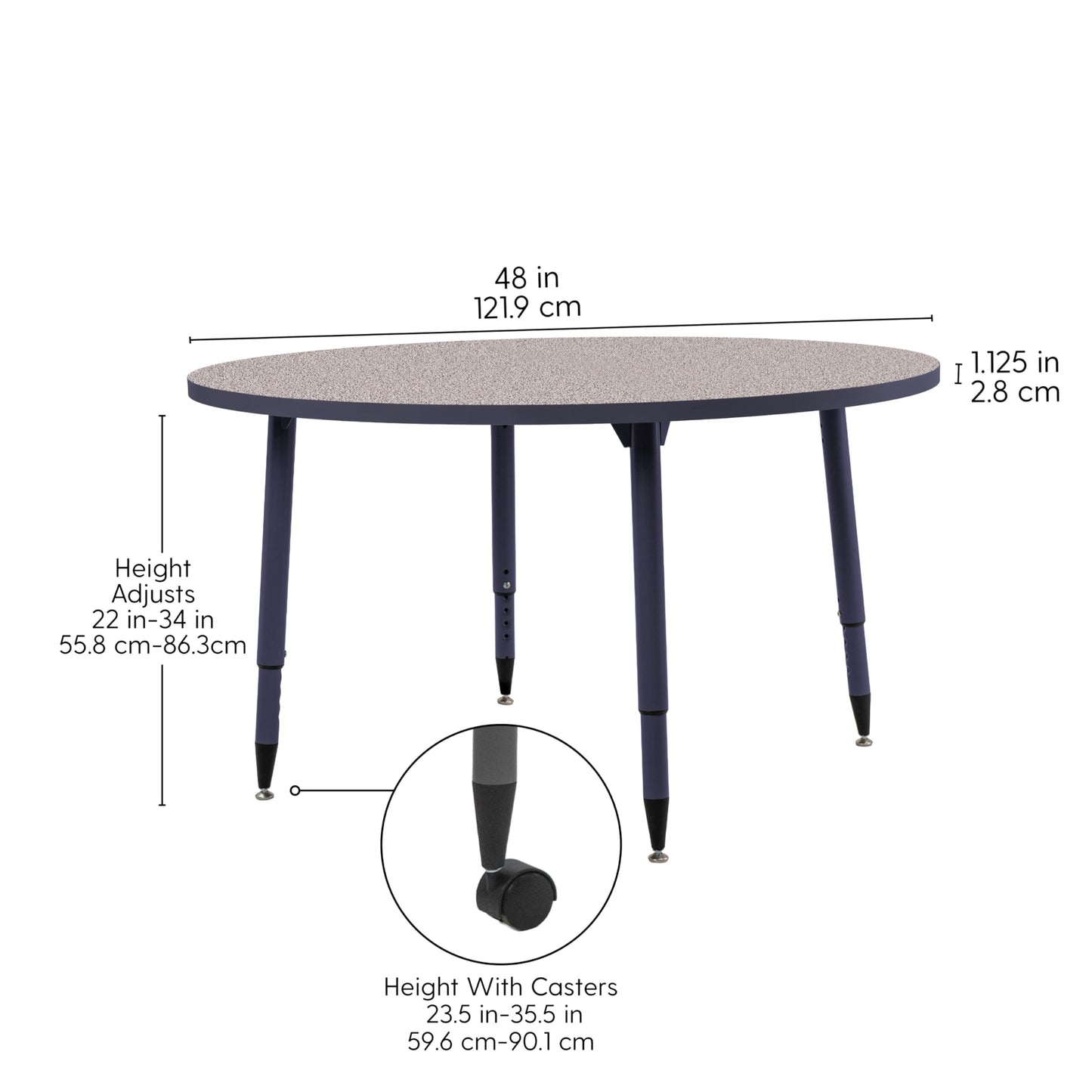 Adapte Commercial Classroom Activity Table - 48" Round, ADA Compliant Tapered Legs with Glides & Casters, Adjustable Height 22-34" Wheelchair Accessible, School & Office Furniture