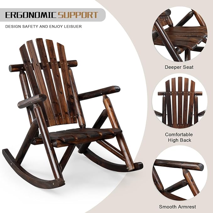 Outvita Wooden Rocking Chair, Fir Log Adirondack Rocker, Outdoor Wood Accent