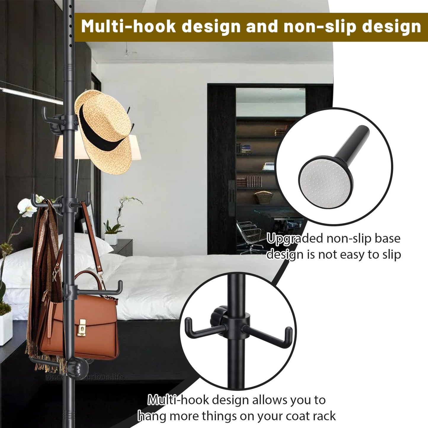 TAILERNRUYE Coat Rack Freestanding,Adjustable 56-125 inch Tension Rod Coat Tree 12 Hooks Hanger Stand for Coat Hat Bedroom Livingroom Kitchen Bathroom Apartment Entryway Hall Office Black