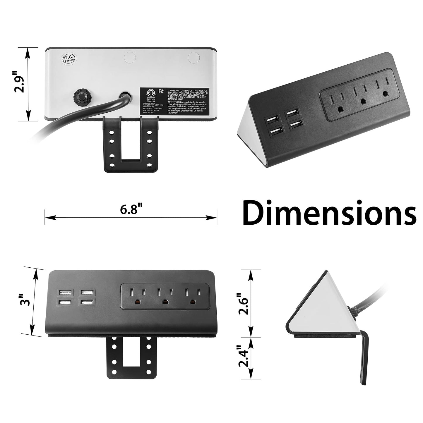 Desk Edge Mount Power Strips with USB Ports-UL Plug Outlets 1250 Joulets Surge Protector Tabletop Power Sockets for Nightstand/Home Office/Dormitory 4 USB Ports & 3AC Outlets