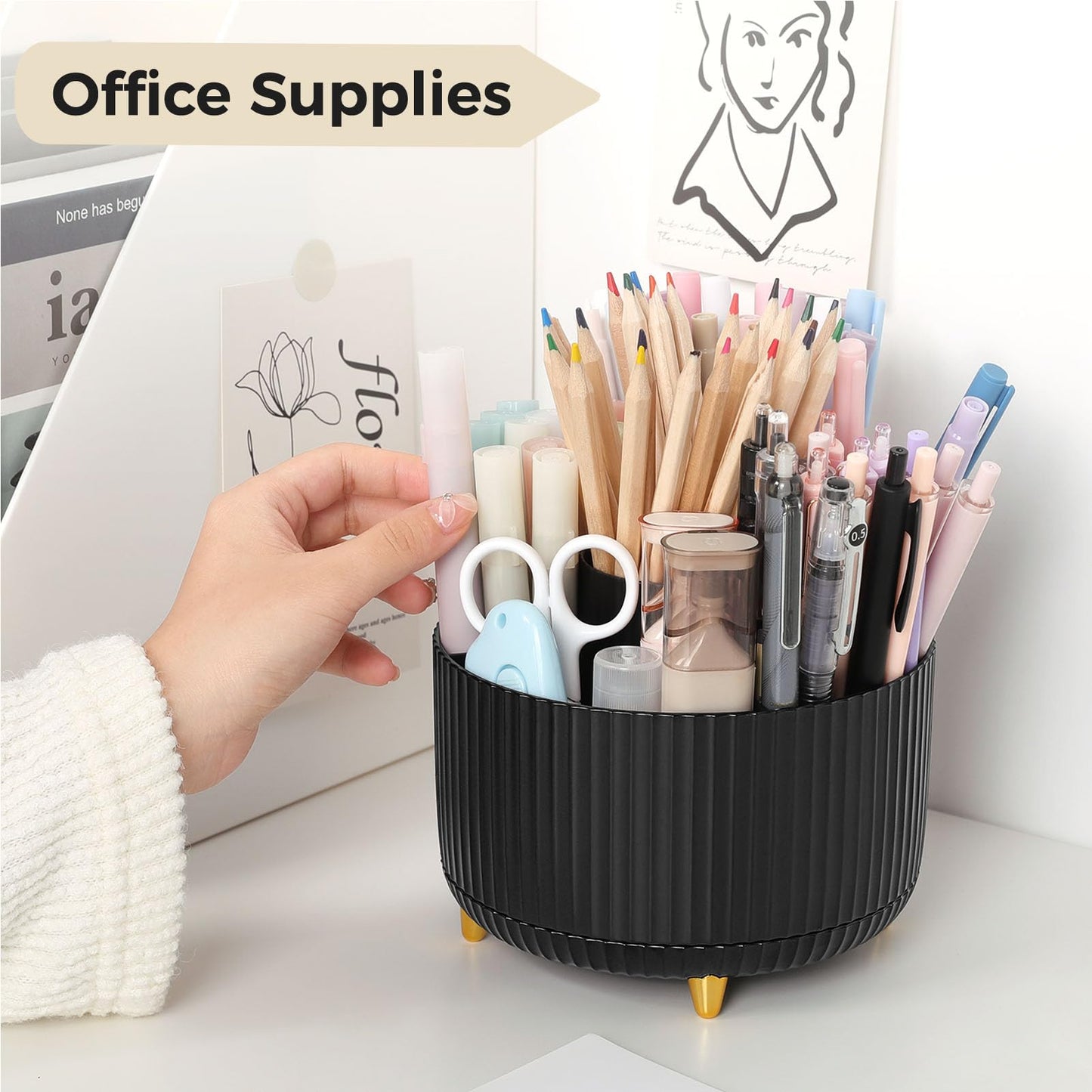 SKYDUE 2 Pack Pen Holder, 360 Degree Rotating Pencil Holder for Desk Organizer, Rotating Desktop Pen Organizer with 5 Slots, Office Supplies, Pencil Cup for Office, School, Home