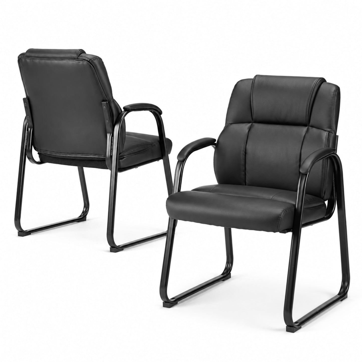 Simple Deluxe Leather Guest Chairs with Padded Arms & Sled Base - Set of 2 Stationary No Wheel Waiting Room Chair for Conference Reception Rooms, Lobby, Home Office Computer Desk, Bedroom, Black