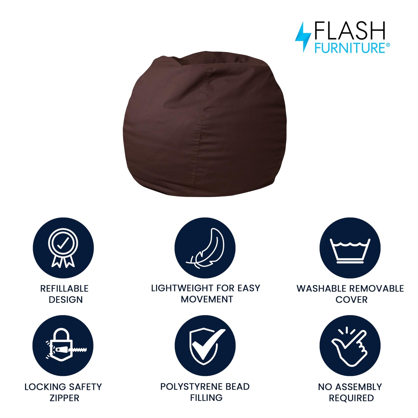 Flash Furniture Dillon Small Bean Bag Chair for Kids and Teens, Foam-Filled Beanbag Chair with Machine Washable Cover, Brown