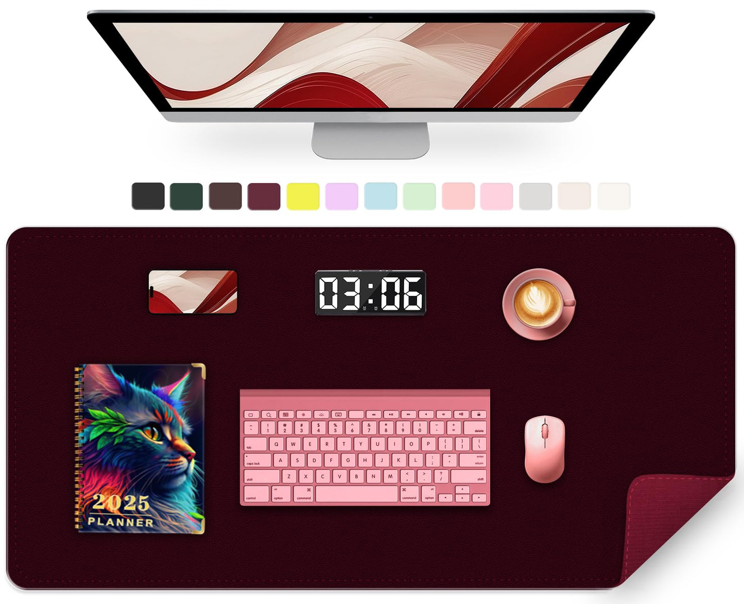 Large Desk Mat 35.4" x 17", PU Leather Desk Pad Protector, Non-Slip Large Mouse Pad for Desk, Waterproof Computer Desk Mat, Office Desk Pad for Keyboard Mouse, Desk Writing Mat (Burgundy)
