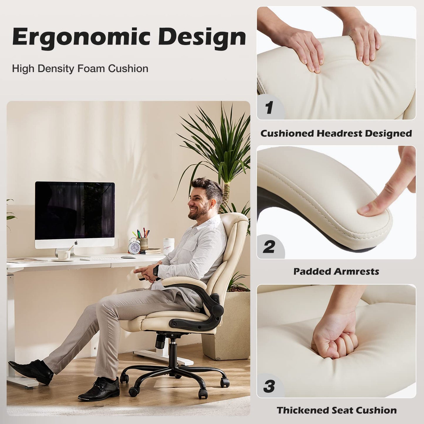 DUMOS Office Chair Set of 2 - Ergonomic Executive Computer Desk Chairs with Adjustable Flip-up Armrest, Swivel Task Chair with Lumbar Support, Strong Metal Base, PU Leather, Cream White