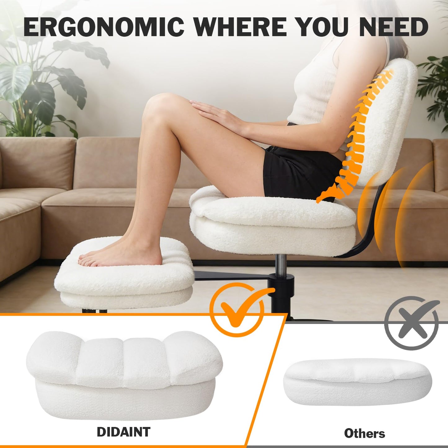 Criss Cross Chair with Footrest, 360° Swivel Faux Shearling Office Chair, Extra Wide Seat with Sofa-Like Comfort, Ergonomic Cross Legged Desk Chair for Cozy Reading, Meditation