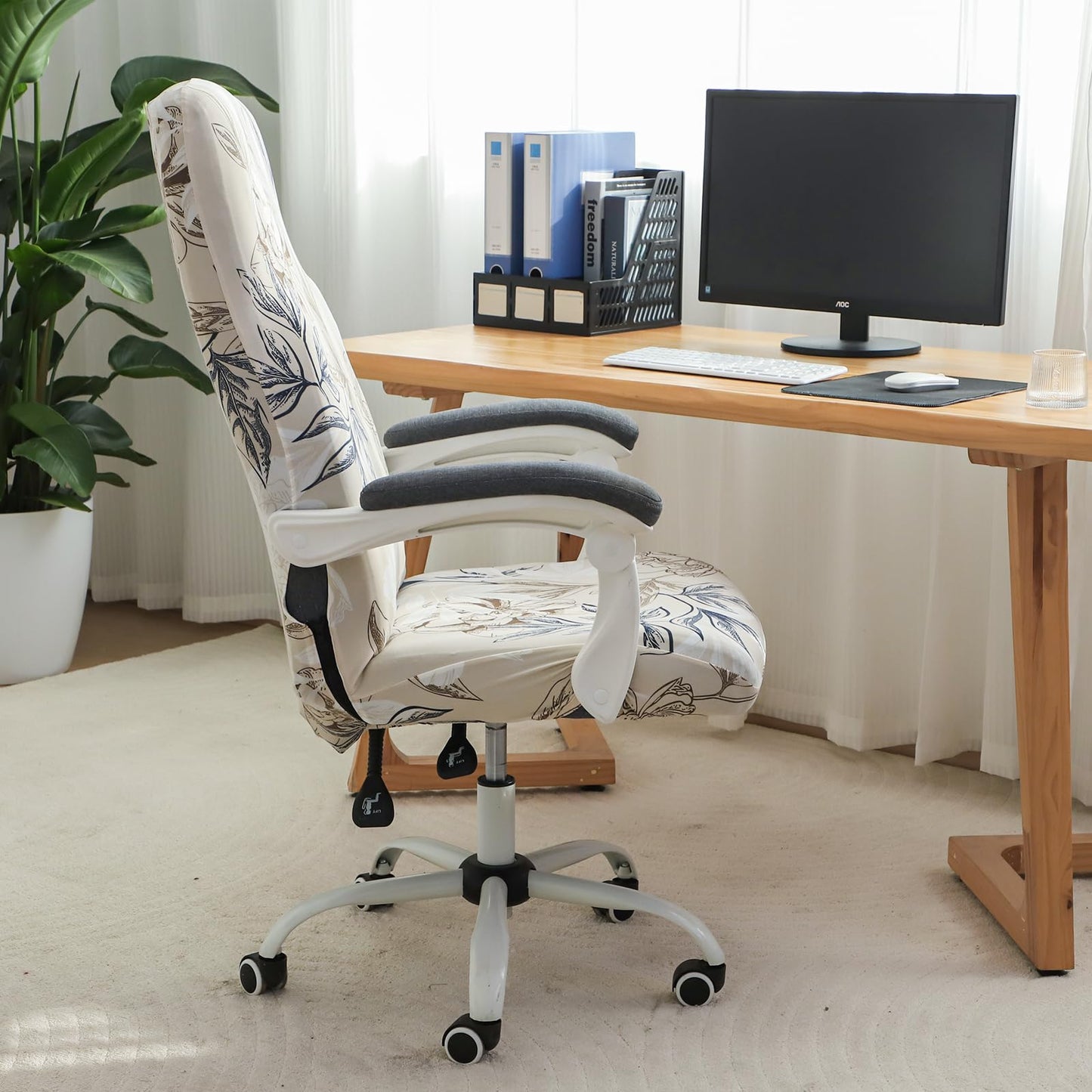 FORCHEER Printed Computer Office Chair Cover Stretchable Large Armrest Office Desk Chair Slipcover with Zipper Removable Washable Anti-Dust (Large, Floral)