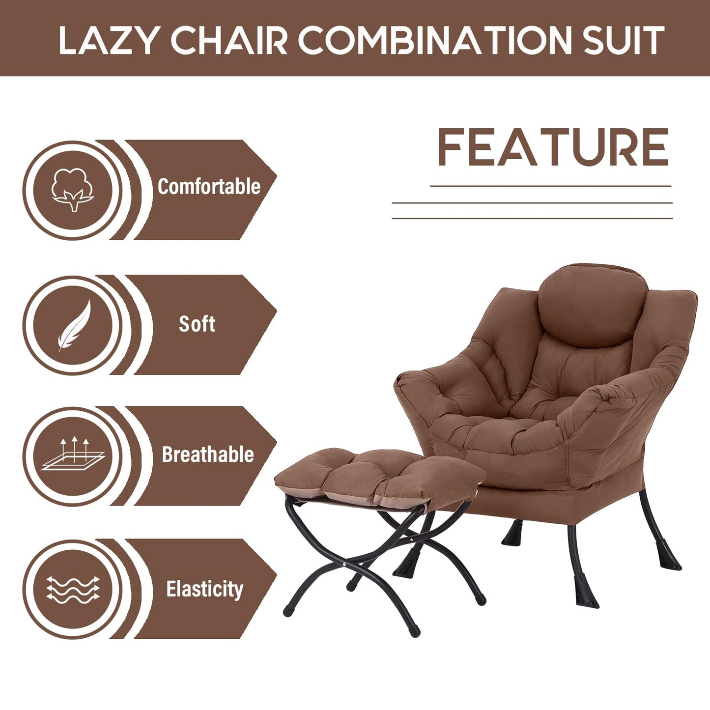 LITA Lazy Chair with Ottoman, Modern Accent Leisure Upholstered Sofa Chair, Contemporary Lounge Reading Chairs with Armrests and a Side Pocket for Living Room, Bedroom & Small Space, Dark Brown