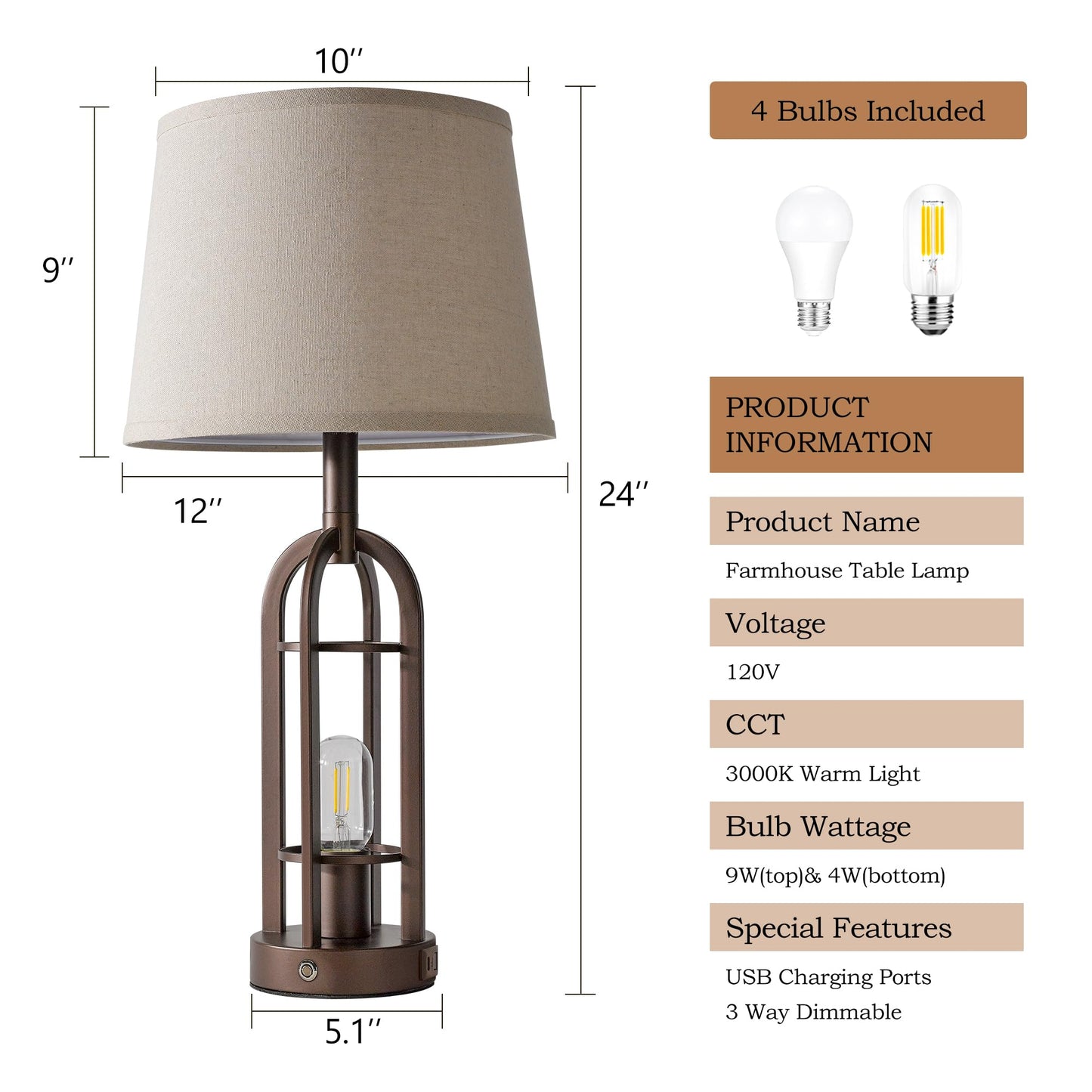 SRJJA 24" Table Lamps for Living Room Set of 2, Rustic Farmhouse 3-Way Dimmable Touch Industrial Bedside Lamps with USB A+C for Bedroom Nightstand，4 Bulbs Included