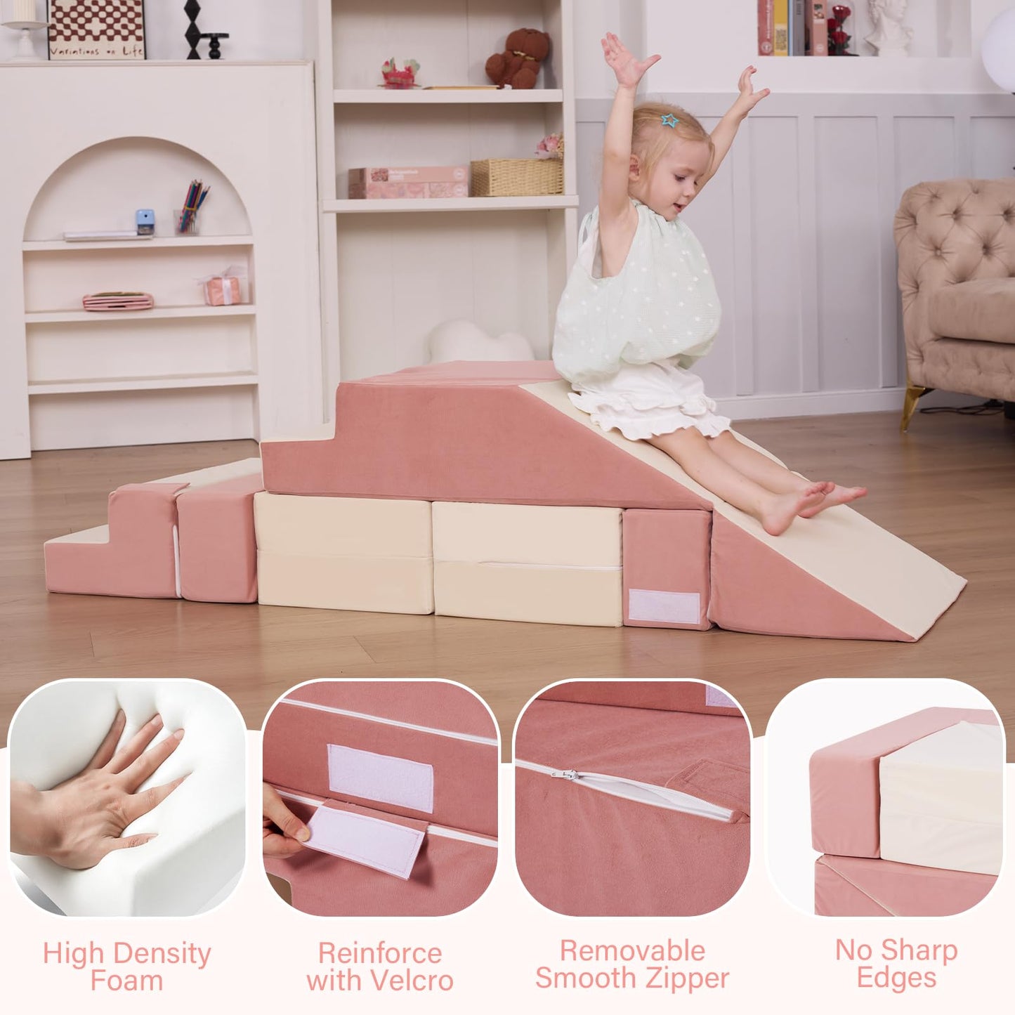 HAHASOLE Kids Couch, Modular Toddler Couch for Playroom, Kids Sofa with Ottomans, Foam Play Blocks with Stair and Ramp, Convertible Plush Sofa, Removable Cover