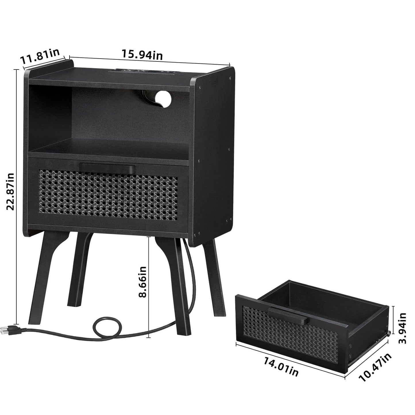 Lerliuo Rattan Nightstand with Charging Station, Side Table with Drawer Open Shelf, Cane Bedside End Table with Solid Wood Legs, Mid Century Night Stand for Bedroom, Dorm and Small Spaces (Black)