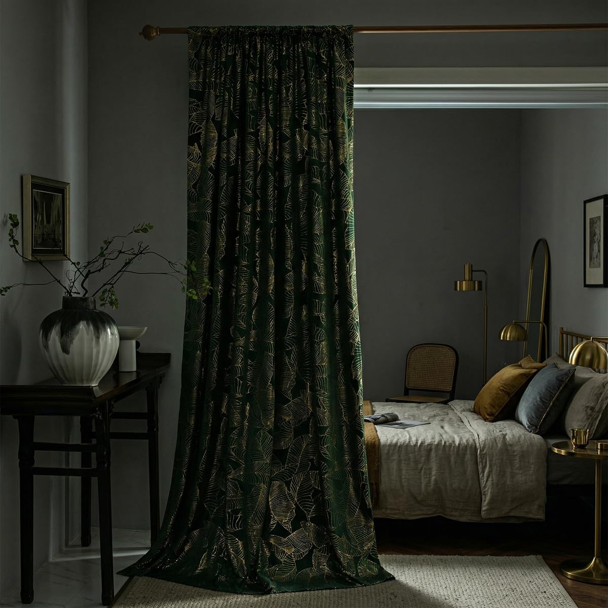 Tootop Velvet Dark Green Curtains 108 inches Long Gold Foil Printed Leaves Luxury Soft Rod Pocket Living Room Bedroom Shiny Drapes 2 Panel Home Decor (52 x 108 inches)